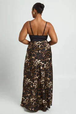 Jupe Maxi Satinée Grande Taille Imprimé Léopard Avec Cordon De Serrage