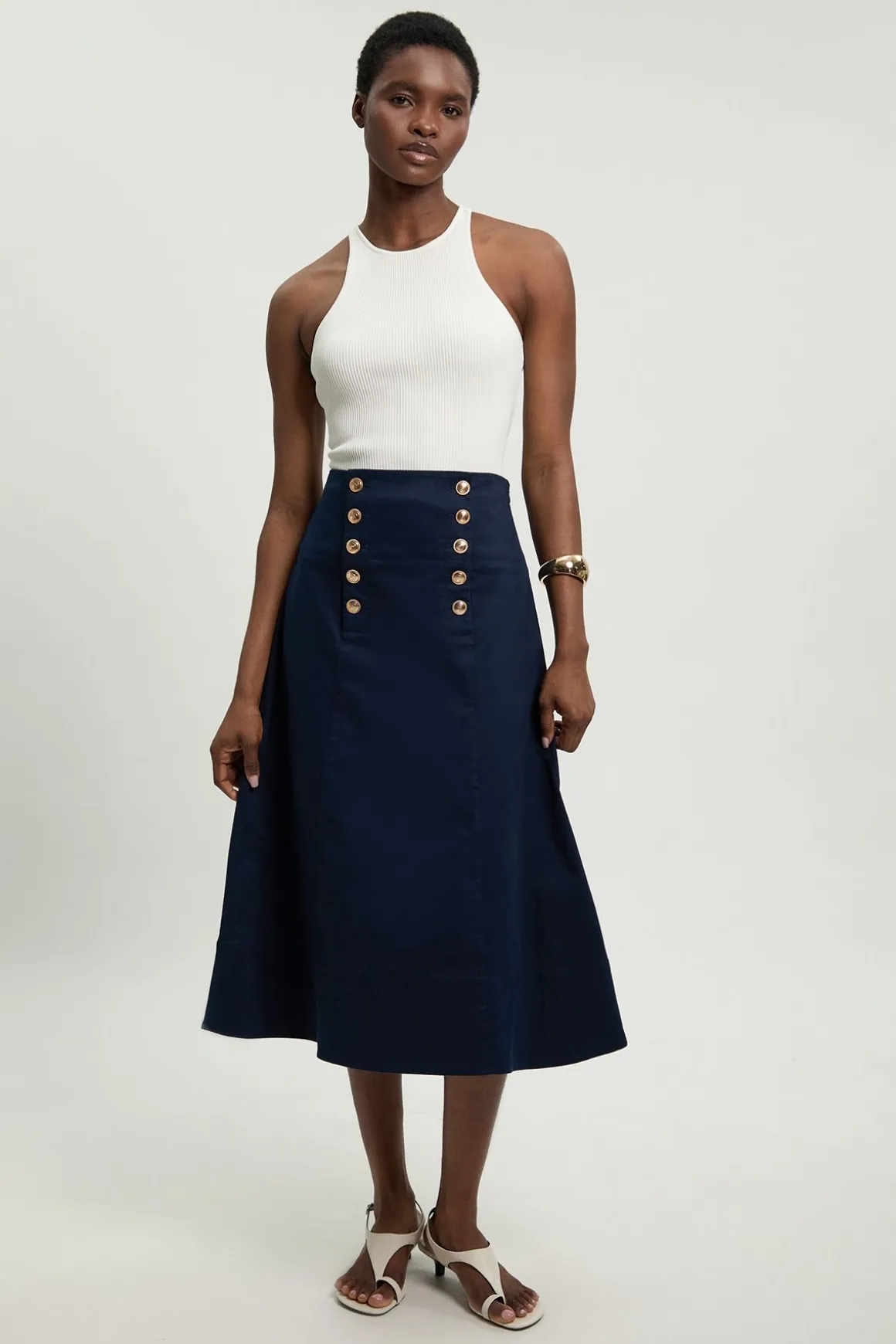 Jupe Midi Ajustée En Coton Avec Détail De Boutons Petite