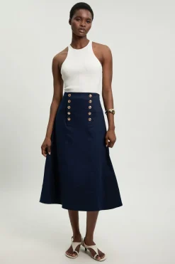 Jupe Midi Ajustée En Coton Avec Détail De Boutons