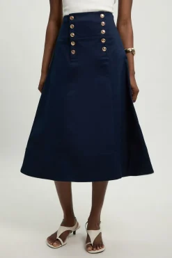 Jupe Midi Ajustée En Coton Avec Détail De Boutons