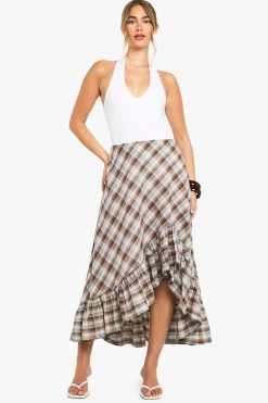 Jupe Midi Asymétrique à Carreaux et Volants