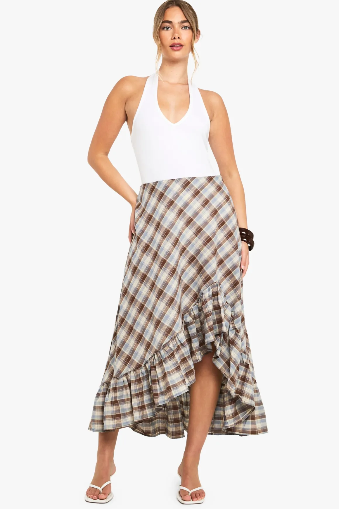 Jupe Midi Asymétrique à Carreaux et Volants