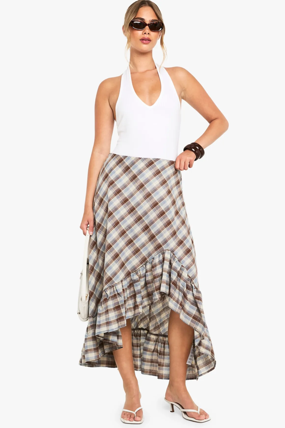 Jupe Midi Asymétrique à Carreaux et Volants