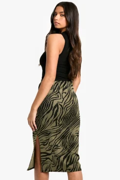 boohoo Jupe Midi Côtelée à Imprimé Zèbre avec Fente Latérale<Femme Jupes|Jupes