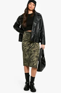 boohoo Jupe Midi Côtelée à Imprimé Zèbre avec Fente Latérale<Femme Jupes|Jupes