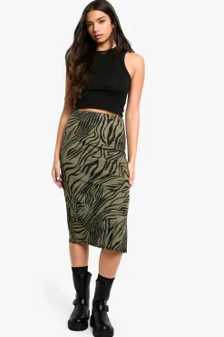 boohoo Jupe Midi Côtelée à Imprimé Zèbre avec Fente Latérale<Femme Jupes|Jupes