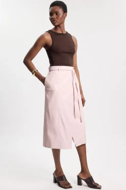 Jupe Midi En Cuir Avec Ceinture À Nouer