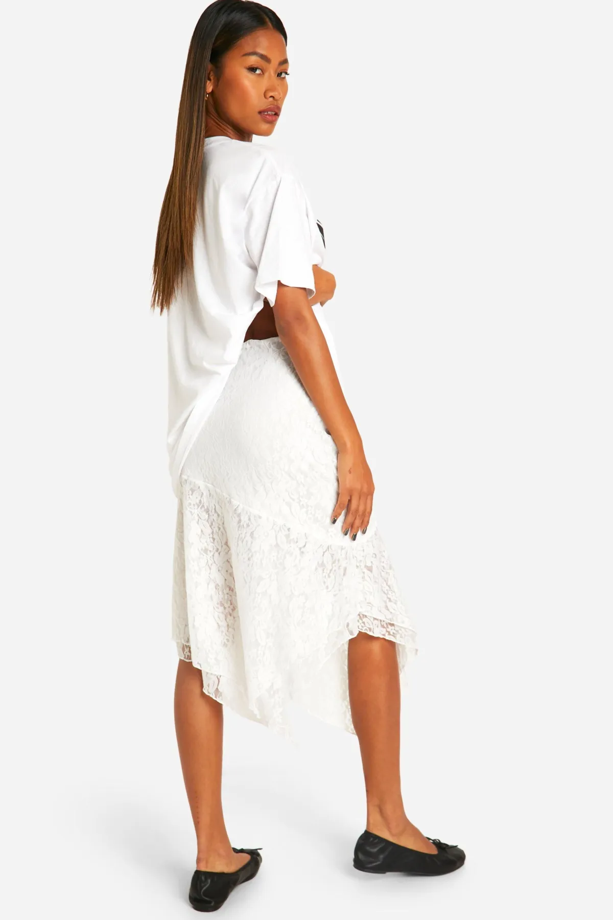 boohoo Jupe midi en dentelle à taille froncée avec ourlet en mouchoir<Femme Jupes|Jupes