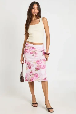 Jupe Midi En Mesh À Imprimé Floral