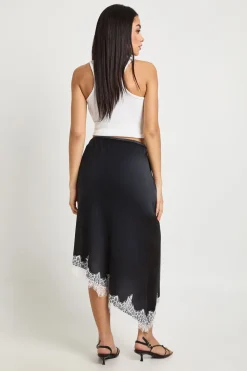 Jupe Midi En Satin À Ourlet Asymétrique En Dentelle
