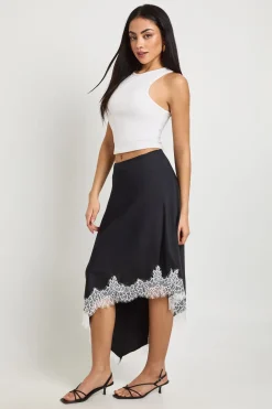 Jupe Midi En Satin À Ourlet Asymétrique En Dentelle