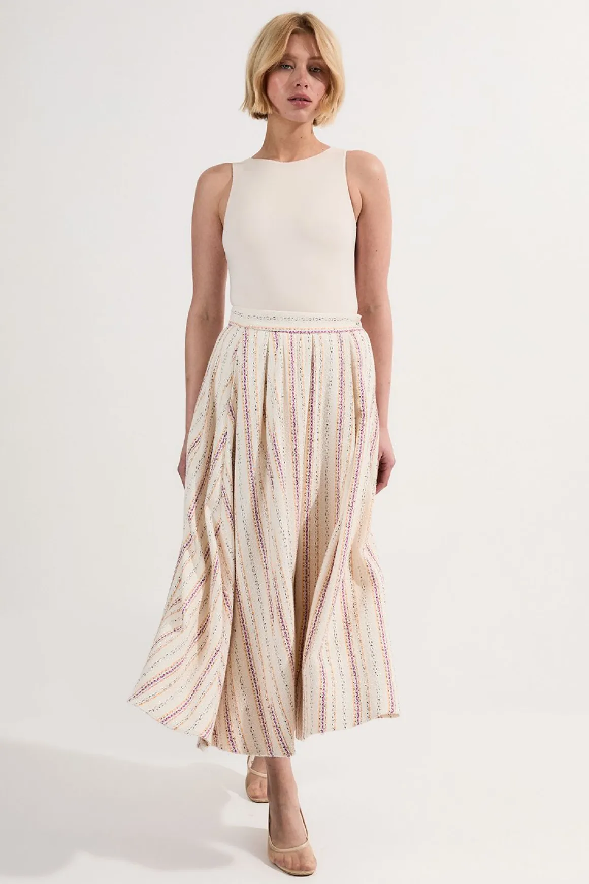 Jupe Midi Plissée Ajustée À Rayures Tissées Premium Petite