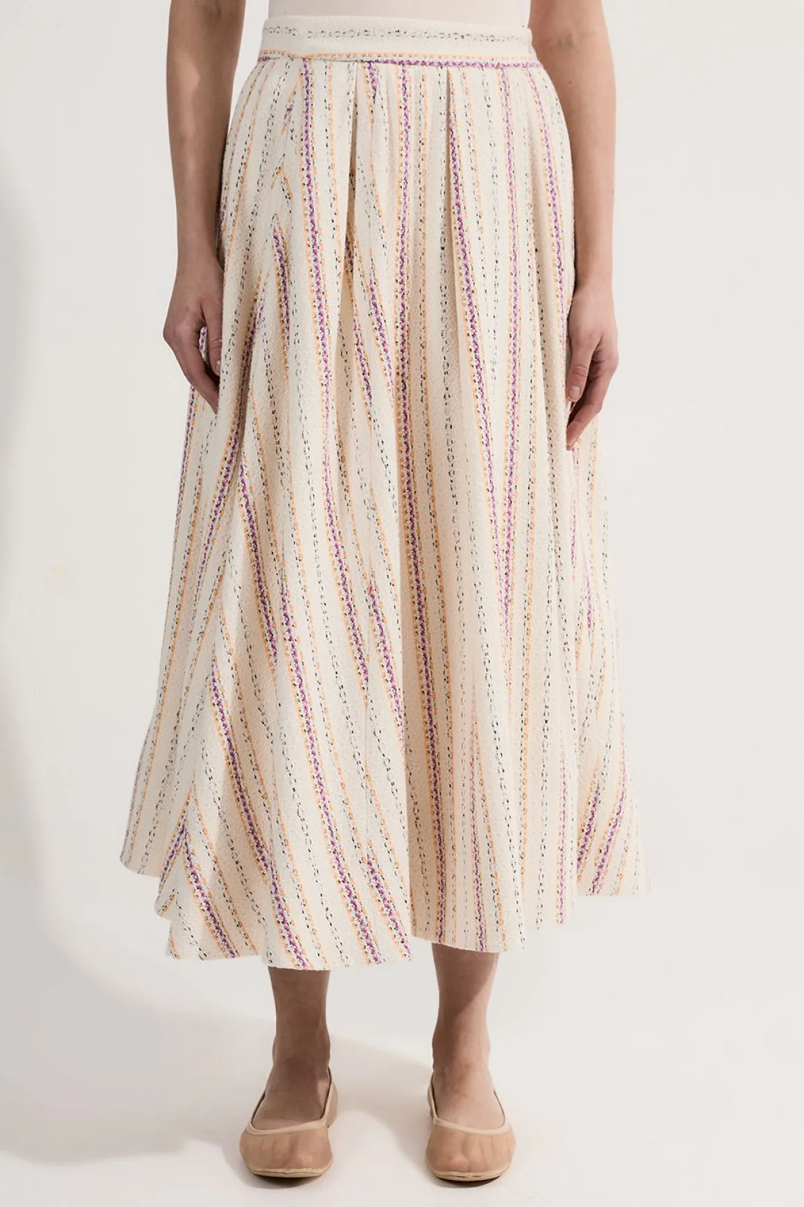 Jupe Midi Plissée Ajustée À Rayures Tissées Premium Petite