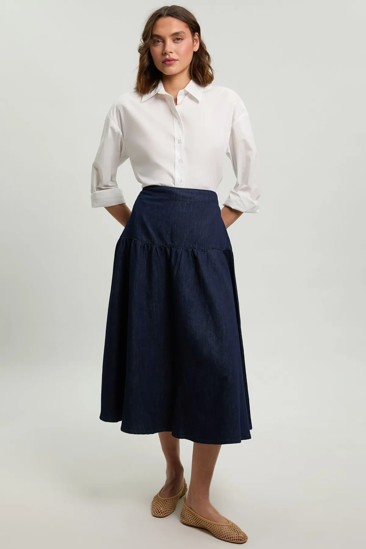 KarenMillen Jupe Midi Plissée En Denim À Coupe Ample<Femme Jupes|Denim