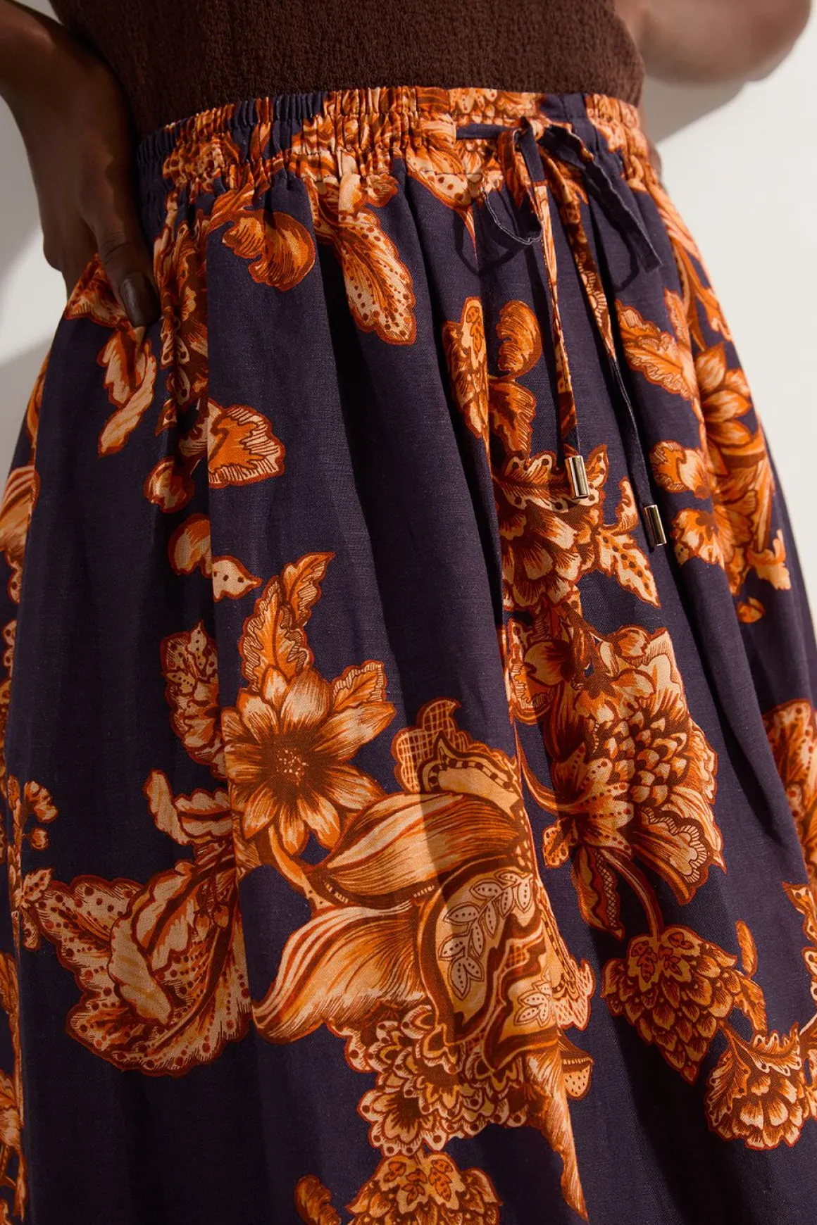 Jupe Midi Plissée Tissée En Viscose Lin Avec Ceinture À Nouer