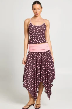 Jupe Midi À Pois Avec Taille Contrastante À Revers