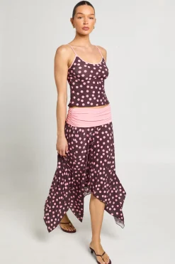 Jupe Midi À Pois Avec Taille Contrastante À Revers