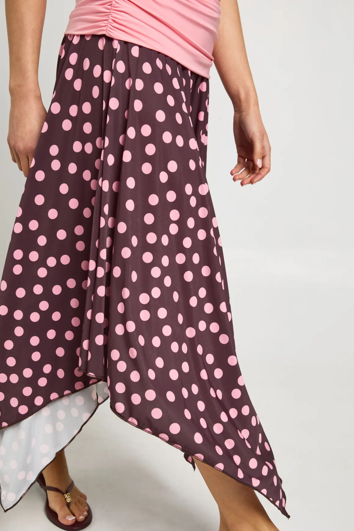 Jupe Midi À Pois Avec Taille Contrastante À Revers