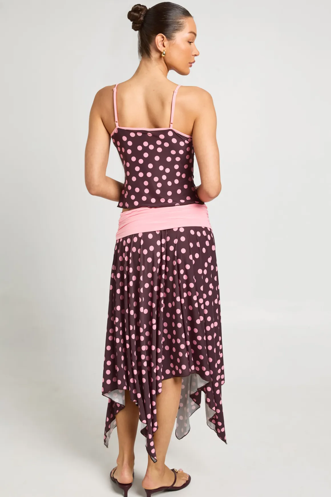 Jupe Midi À Pois Avec Taille Contrastante À Revers