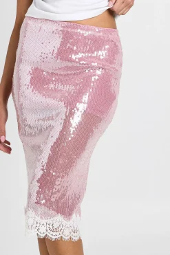 Jupe Midi À Sequins Avec Bordure En Dentelle