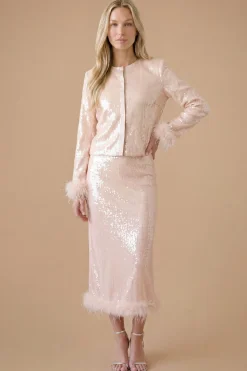 Jupe Midi À Sequins Avec Bordure De Plumes