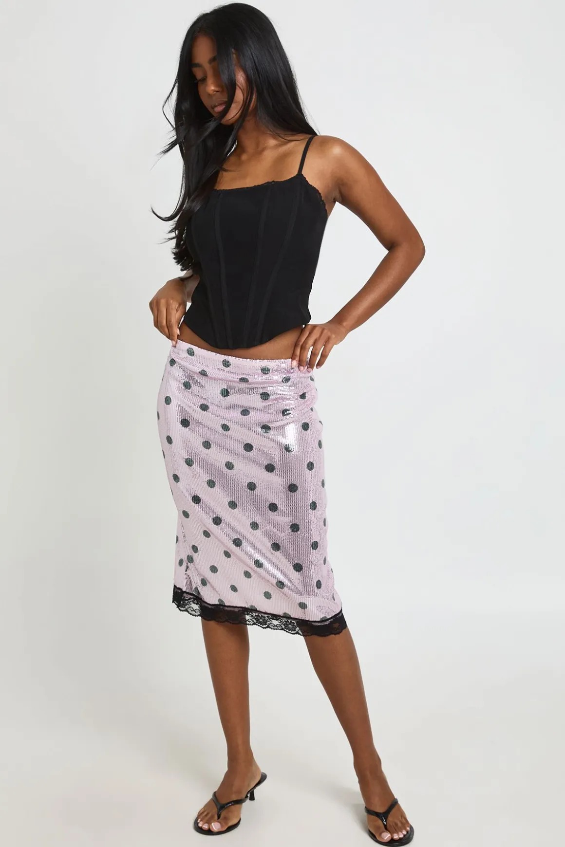 Jupe Midi À Sequins Imprimé À Pois