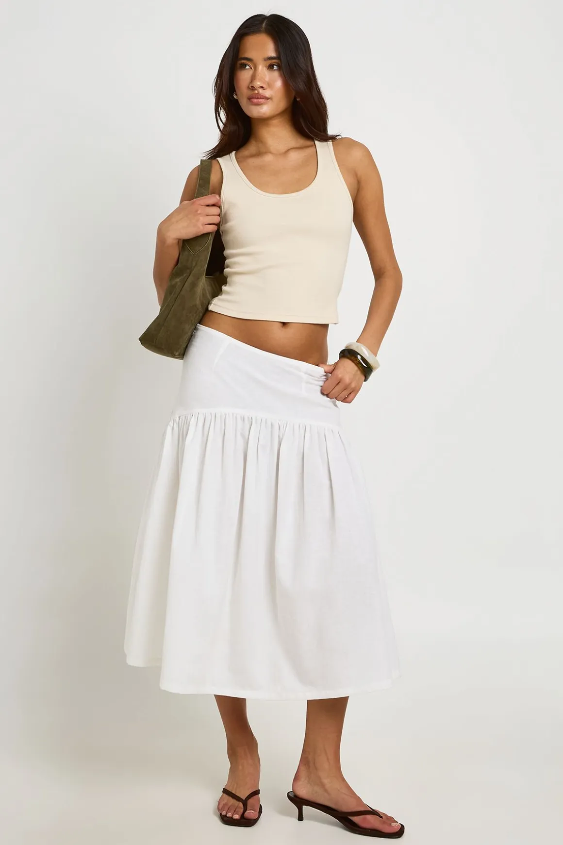 Jupe Midi À Taille Basse Effet Lin
