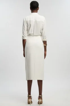 Jupe Midi Texturée Compacte Stretch À Détails Boutonnés