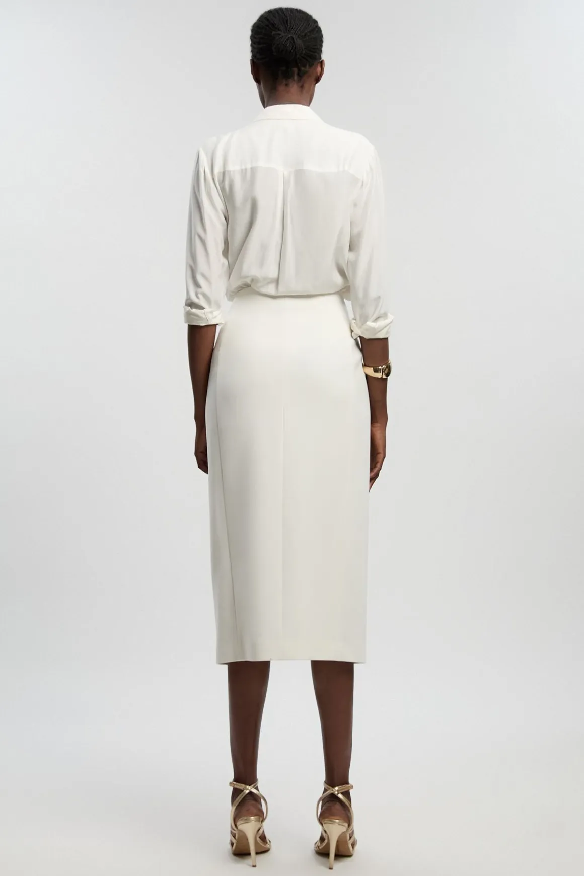 Jupe Midi Texturée Compacte Stretch À Détails Boutonnés