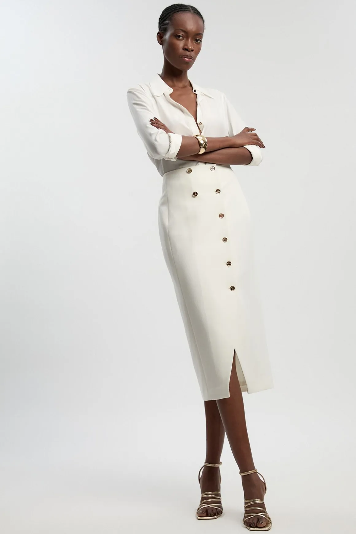 Jupe Midi Texturée Compacte Stretch À Détails Boutonnés