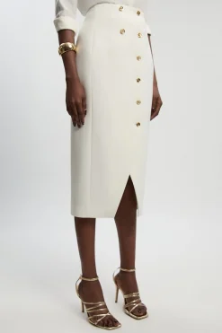 Jupe Midi Texturée Compacte Stretch À Détails Boutonnés