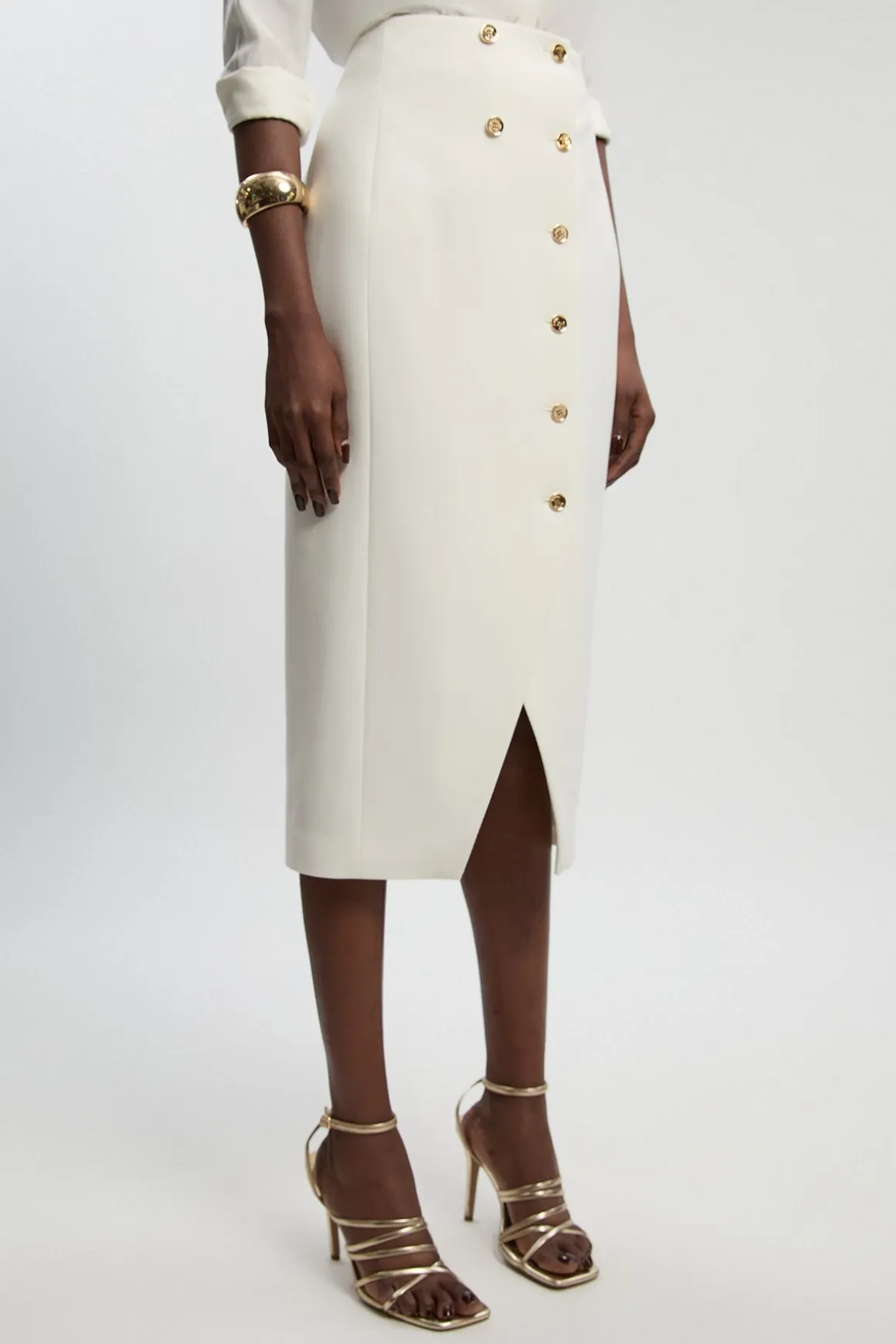 Jupe Midi Texturée Compacte Stretch À Détails Boutonnés