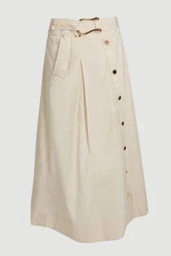 Jupe Midi Tissée En Satin De Coton À Boutons