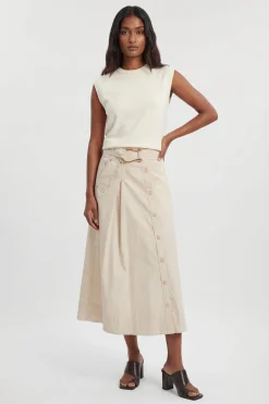Jupe Midi Tissée En Satin De Coton À Boutons