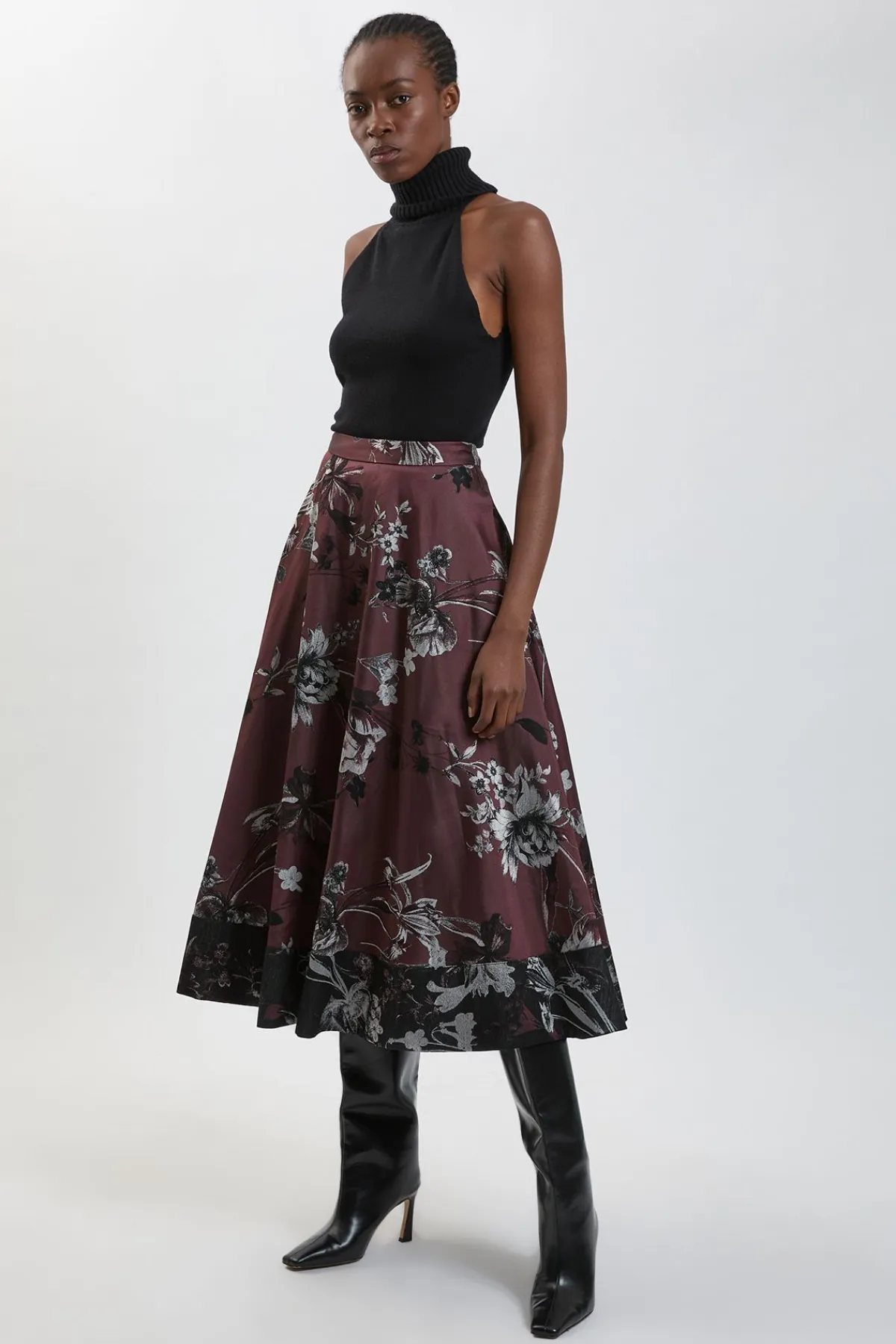 KarenMillen Jupe Midi Évasée Ajustée en Jacquard Floral<Femme Tailleurs|Jupes