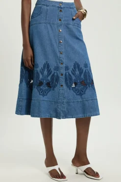 Jupe Midi Évasée En Denim Avec Découpes