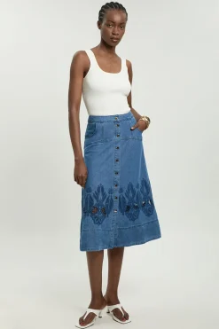 Jupe Midi Évasée En Denim Avec Découpes