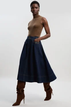 Jupe Midi Évasée en Denim à Détail Mors