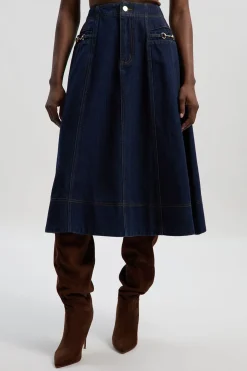 Jupe Midi Évasée en Denim à Détail Mors