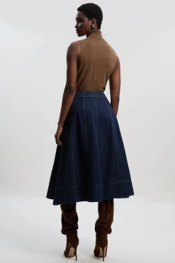Jupe Midi Évasée en Denim à Détail Mors