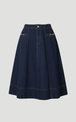 Jupe Midi Évasée en Denim à Détail Mors