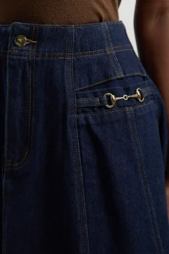 Jupe Midi Évasée en Denim à Détail Mors