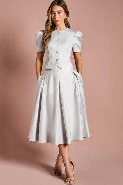 Jupe Midi Évasée en Satin à Plis Devant