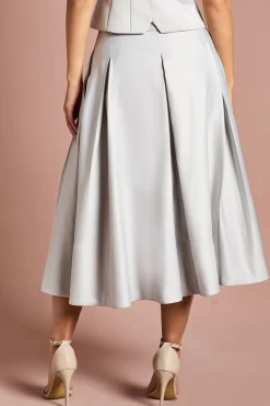 Jupe Midi Évasée en Satin à Plis Devant