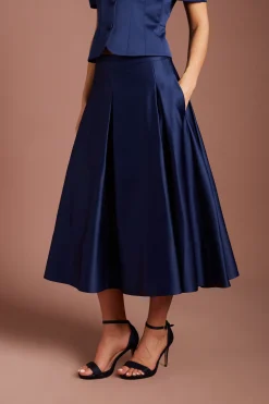 Jupe Midi Évasée En Satin À Plis Devant