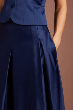 Jupe Midi Évasée En Satin À Plis Devant