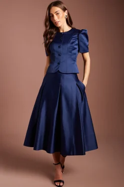Jupe Midi Évasée En Satin À Plis Devant