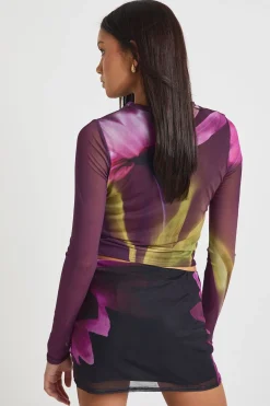 Jupe Mi-Longue en Mesh à Imprimé Floral avec Ceinture Nouée