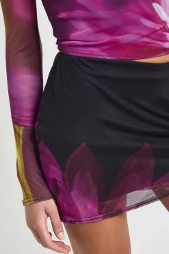 Jupe Mi-Longue en Mesh à Imprimé Floral avec Ceinture Nouée
