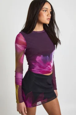 Jupe Mi-Longue en Mesh à Imprimé Floral avec Ceinture Nouée